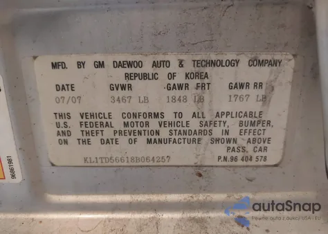 2008 Chevrolet Aveo Ls из США, поврежденный, VIN KL1TD56618B064257